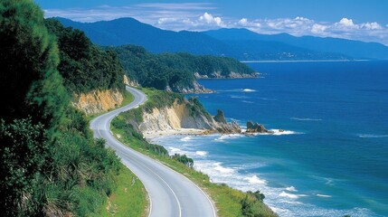 A stunning coastal road curves alongside a deep blue ocean, with dramatic waves crashing against rocky cliffs below