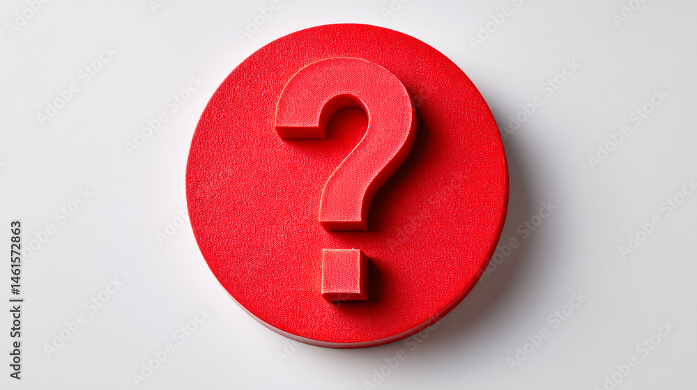 Poster red question mark on a round red surface, simple design symbolizing inquiry, query, question, uncert