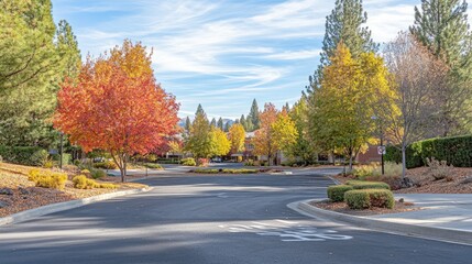 Autumnal residential street lined with colorful trees.