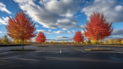 Autumnal parking lot with vibrant foliage.