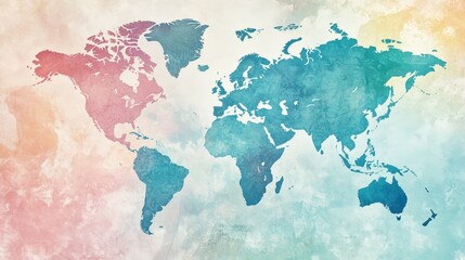 Obraz premium watercolor-style world map with soft pastel shades blending seamlessly, giving a creative and artistic feel
