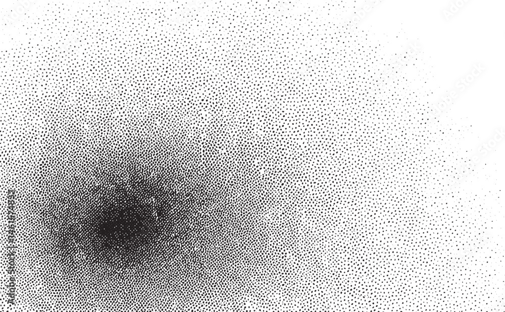 Poster a dark circular void dominates a textured white background of numerous small dots.