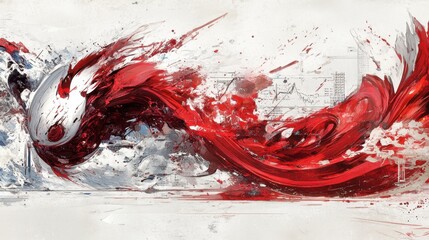 Fluid red wave designs colliding with jagged financial graphs, visualizing chaotic stock market volatility