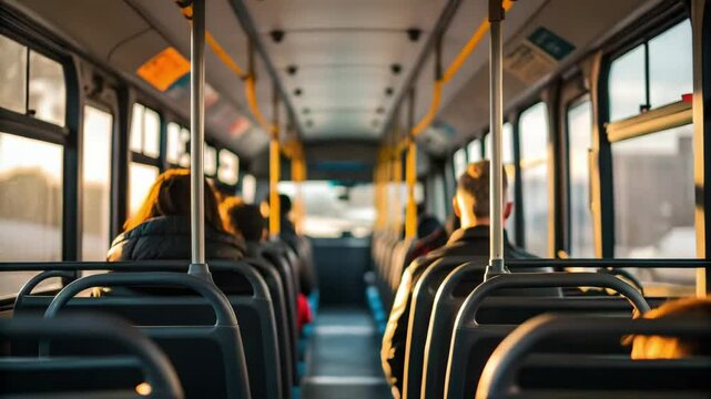 Passengers inside bus seat by window reflecting public transport interior and travel during sunset with calm economy stagnation concept