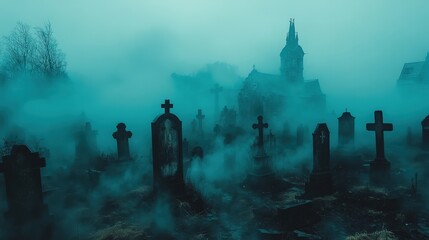 Foggy cemetery scene at twilight with ancient church.