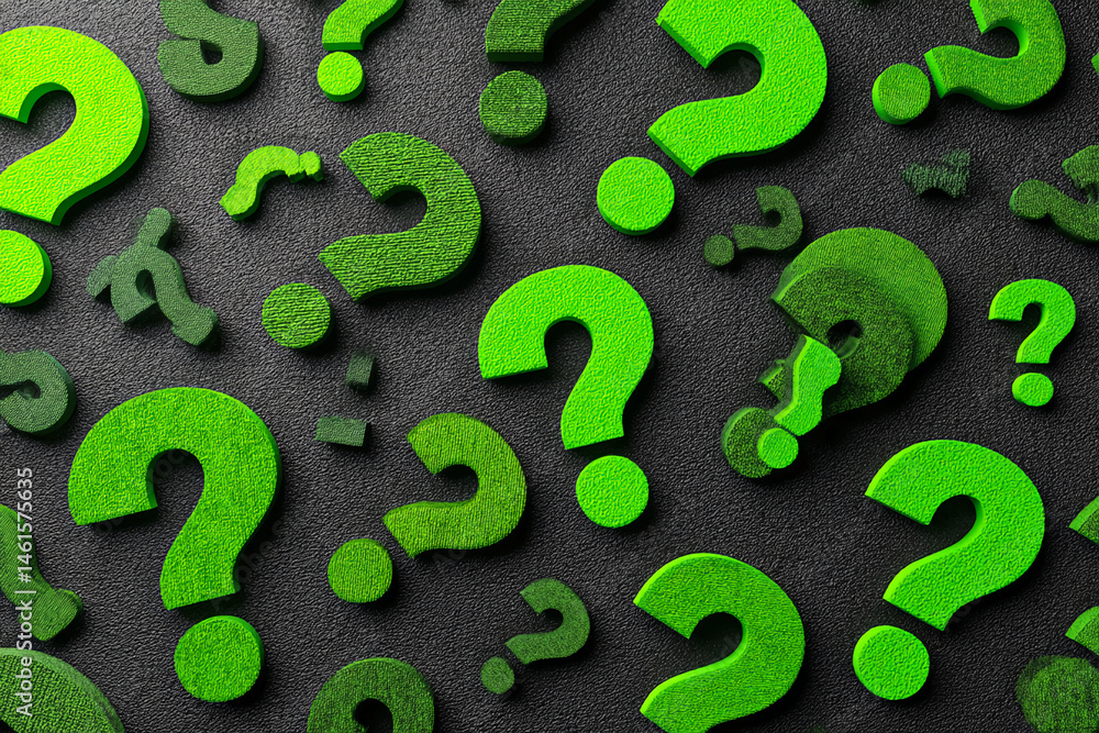 Poster green question marks on dark background, textured surface, creating a curious and inquisitive mood, 