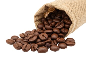 Fresh roasted aroma coffee beans spilling from burlap sack close up