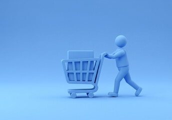 Person Pushing Shopping Cart with Box in Blue 3D Render