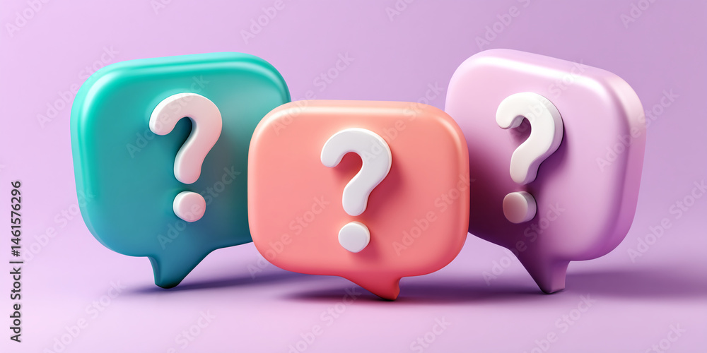 Aufkleber three pastel-colored speech bubbles, each displaying a white question mark, symbolize inquiry, commu