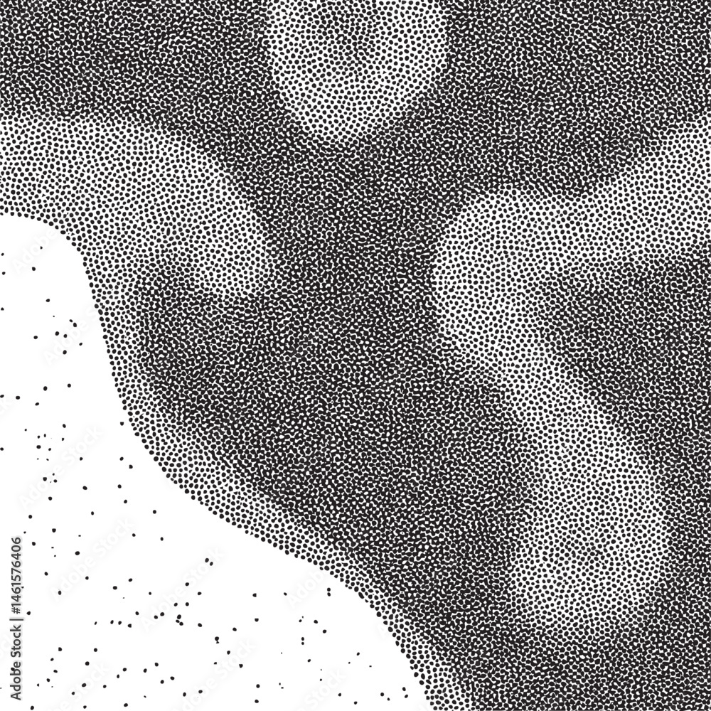 Poster dense black and white dots create a textured abstract sphere.