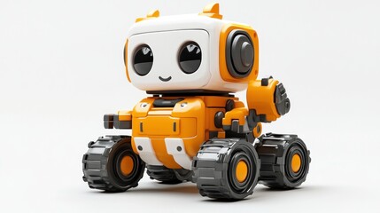 Fototapeta premium Cute orange robot toy waving, white background, children's play