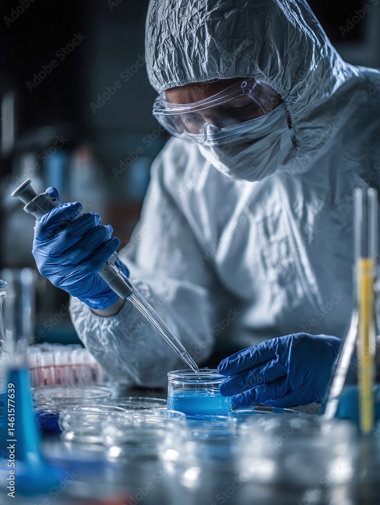Poster scientist in protective gear conducting experiments in a laboratory, analyzing samples with precisio