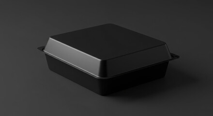 Black food container on dark surface. Empty takeout container positioned on a dark background. Food packaging professional displays product for marketing use. studio.