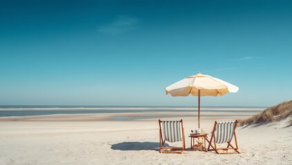 Serene Beach Scene with Two Deck Chairs Under a Parasol