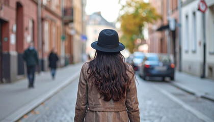 Obraz premium Cloche Hat Mockup on Woman Walking in Outdoor Street Scene