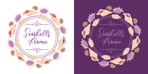 vector illustration featuring round frames made of various seashells, set against both light and dark backgrounds. Perfect for enhancing summer-themed designs, beach invitations, and coastal projects