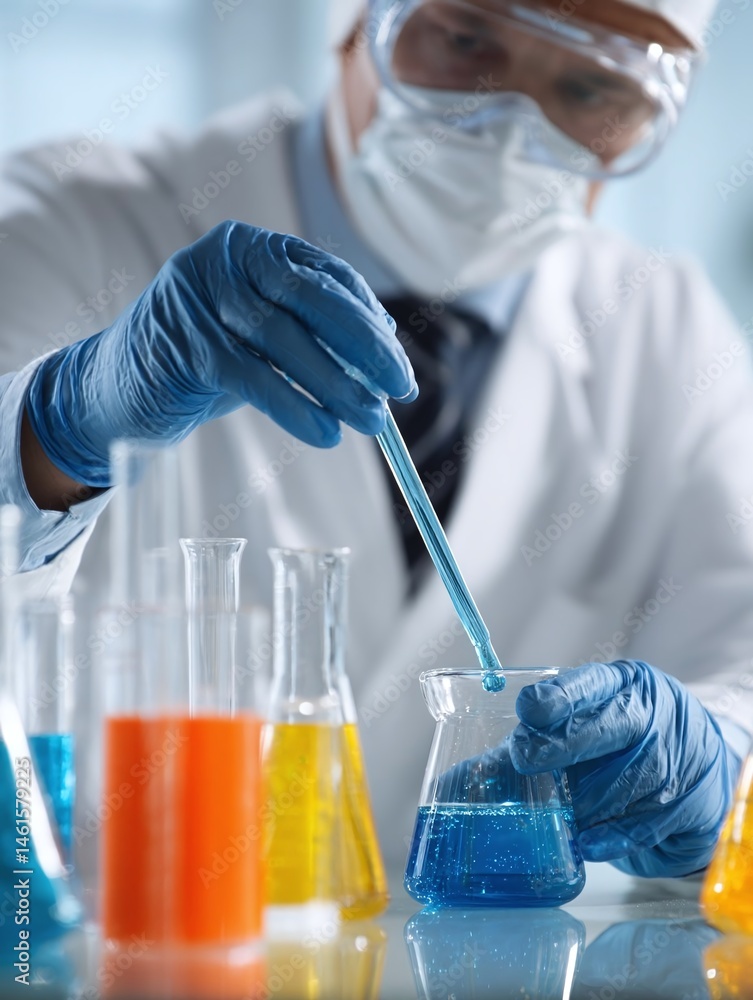 Poster scientist in laboratory conducting experiments with colorful liquids in beakers and flasks
