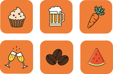 Flat Food and Drink Icon Set – Colorful Vector Illustrations on Orange Background, Minimalist Cartoon Style
