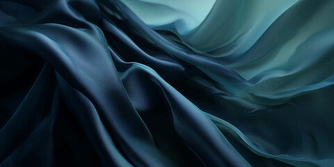 Dark teal fabric texture, smooth waves and folds create a luxurious, elegant feel, suggesting mystery and sophistication