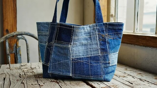 Patchwork denim tote bag on rustic wooden table near window
