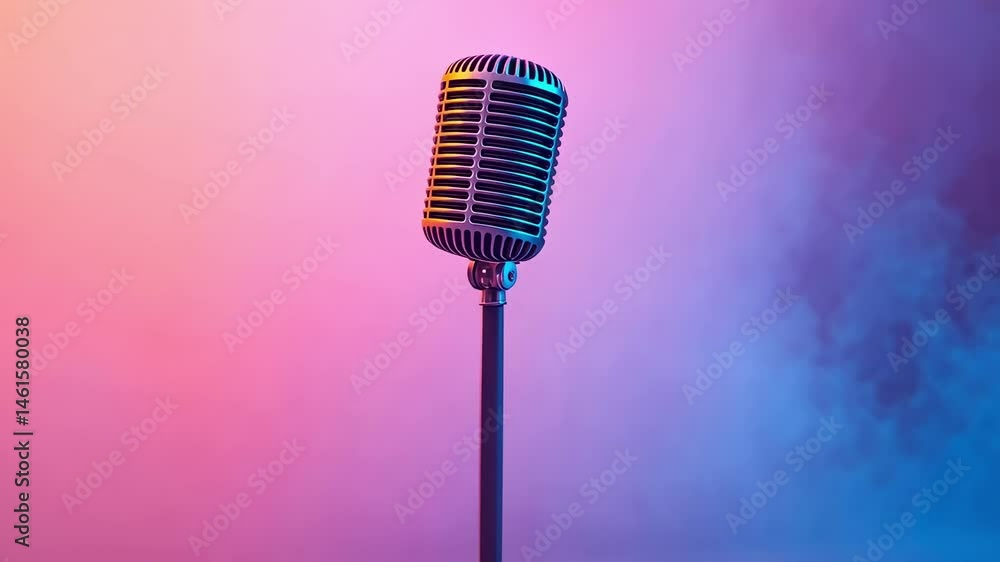 Poster smoke fills the stage, creating a vibrant atmosphere around a microphone, ready for a performance, i
