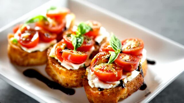 Camera slowly rotating around three bruschettas topped with cherry tomatoes, stracciatella and basil, drizzled with balsamic vinegar, served on a ceramic plate