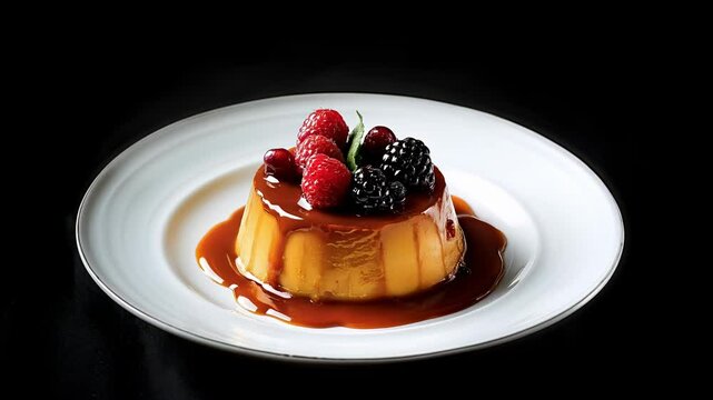 Caramel pudding decorated with blackberries, cranberries and raspberries, covered with a generous amount of caramel cream, served on a rotating ceramic plate, isolated on a black background