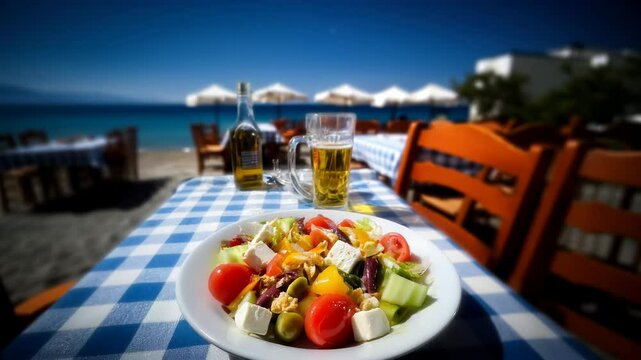 Slow camera rotation around a greek salad with feta, cherry tomatoes, cucumbers, olives and peppers, served on a table in a beach restaurant, with a blue checkered tablecloth, sea and umbrellas behind