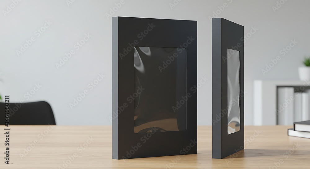 Poster elegant black product packaging boxes with transparent window display mockups