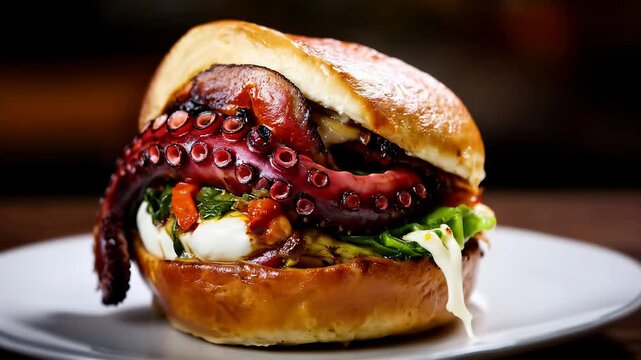 A delicious gourmet sandwich with octopus, mozzarella and stuffed with steamed vegetables placed on a rotating white ceramic plate