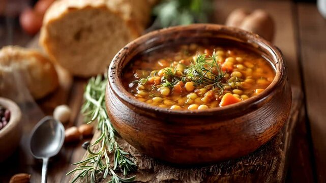 Camera rotation on a steaming hot terrine with bean soup, with aromatic herbs, served on a rustic wooden table, with homemade bread in the background