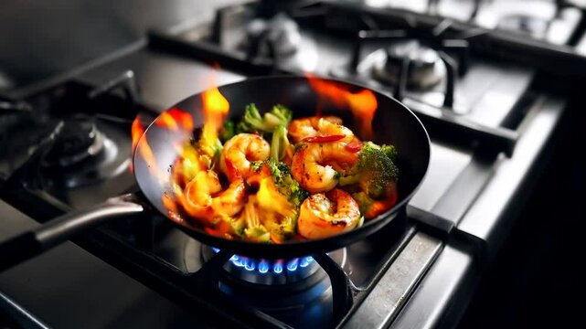 The chef's hand as he flamb&eacute;s prawns and broccoli, saut&eacute;ed in a pan, on the high heat of a modern gas stove
