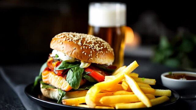 Salmon burger with cherry tomatoes and basil, accompanied by French fries, served with a pint of beer on a rotating dark grey ceramic plate