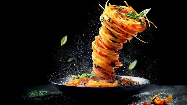 A tornado of spaghetti, splashing tomato sauce, basil leaves and parmesan cheese all around it, served on a rotating dark plate, isolated on black background