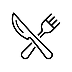 Cutlery icon in black outline. Fork and knife, table setting, food service