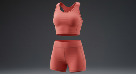 Coral-toned athletic two-piece set for a female model in a studio setting. Activewear set displayed in a neutral, grey backdrop. Female fitness enthusiast activewear set. studio -