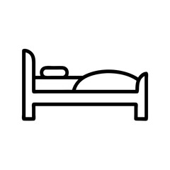 Bed icon in black outline. Sleep, rest, bedroom furniture, hospitality