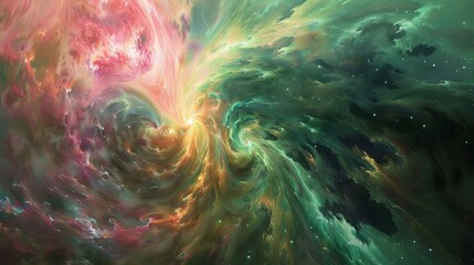 An abstract expressionist painting depicting a cosmic nebula, with intense, swirling colors