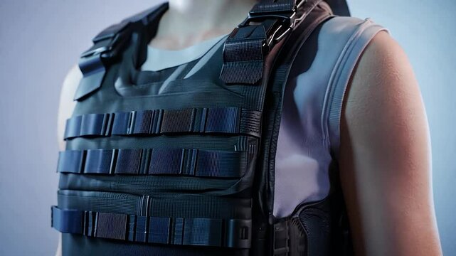 Tactical vest with adjustable straps, worn over a sleeveless shirt