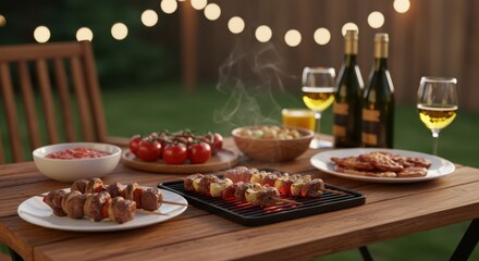 A backyard barbecue feast with grilled skewers, wine, and appetizers on a wooden table outdoors