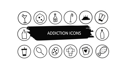 Addiction Stroke icon collections. Containing Gaming, Addiction, Overdose, Treatment, Phone Addiction, Medication, Sugar, and Alcoholism icons. Editable Stroke icon collection Outline icon
