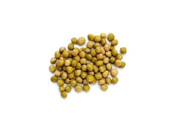 Canned green peas on white background.