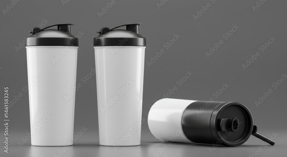 Poster white shaker bottles with black lids in a studio setting. three bottles are presented in a modern, c