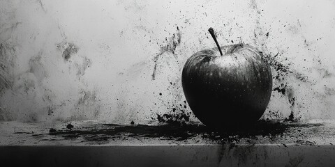 Elegant black and white ink scene disrupted by glowing apple
