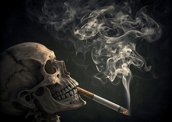 Skull on a black background and a background of cigarette smoke - a metaphor for the deadly dangers of smoking