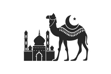 Camel with crescent moon and Islamic Mosque  silhouette vector illustration