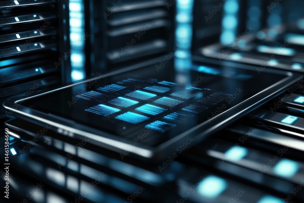 Poster futuristic tablet displaying data in server room