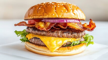 Delicious Double Bacon Cheeseburger with Lettuce Tomato Onion