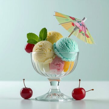 Boules de glace aux parfums vari&eacute;s avec petite ombrelle de papier en d&eacute;coration Custom AI Model