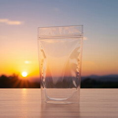 Transparent food pouch mockup at sunset
